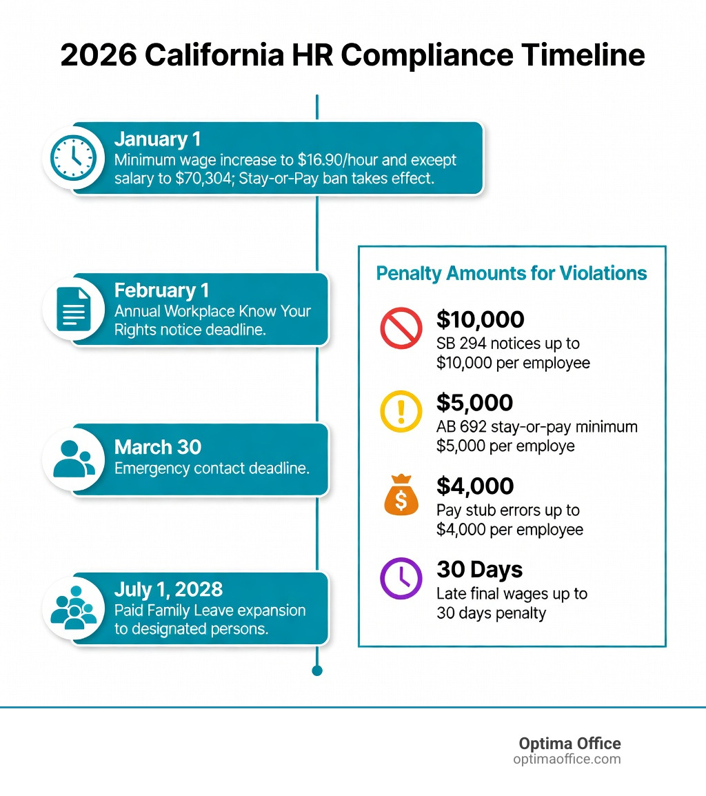 Infographic showing 2026 California HR compliance timeline with key deadlines: January 1 - minimum wage increase to $16.90/hour and exempt salary to $70,304, stay-or-pay ban takes effect; February 1 - annual Workplace Know Your Rights notice deadline; March 30 - emergency contact deadline; July 1, 2028 - Paid Family Leave expansion to designated persons. Includes penalty amounts for violations: SB 294 notices up to $10,000 per employee, AB 692 stay-or-pay minimum $5,000 per worker, pay stub errors up to $4,000 per employee, late final wages up to 30 days penalty - hr compliance california infographic Infographic showing 2026 California HR compliance timeline with key deadlines: January 1 - minimum wage increase to $16.90/hour and exempt salary to $70,304, stay-or-pay ban takes effect; February 1 - annual Workplace Know Your Rights notice deadline; March 30 - emergency contact deadline; July 1, 2028 - Paid Family Leave expansion to designated persons. Includes penalty amounts for violations: SB 294 notices up to $10,000 per employee, AB 692 stay-or-pay minimum $5,000 per worker, pay stub errors up to $4,000 per employee, late final wages up to 30 days penalty - hr compliance california infographic